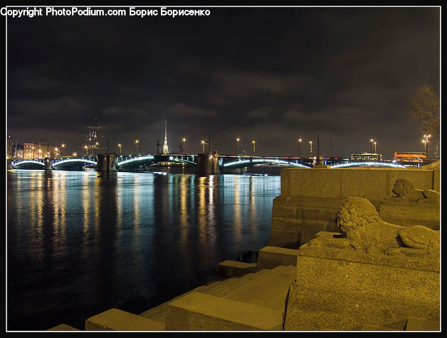 Dam, River, Water, Night, Outdoors, City, Downtown