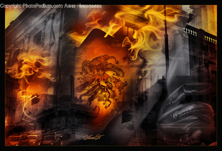 Fire, Fireplace, Hearth, Flame, Collage