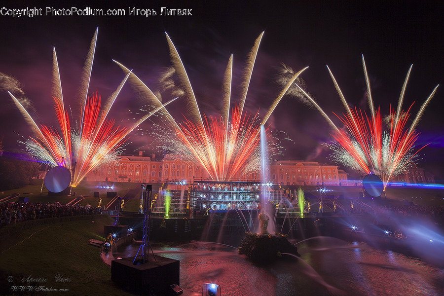 Fireworks, Night, Stage, Fountain, Water