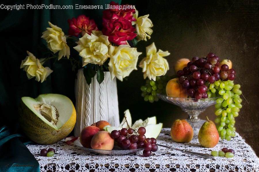 Glass, Goblet, Fruit, Grapes, Melon