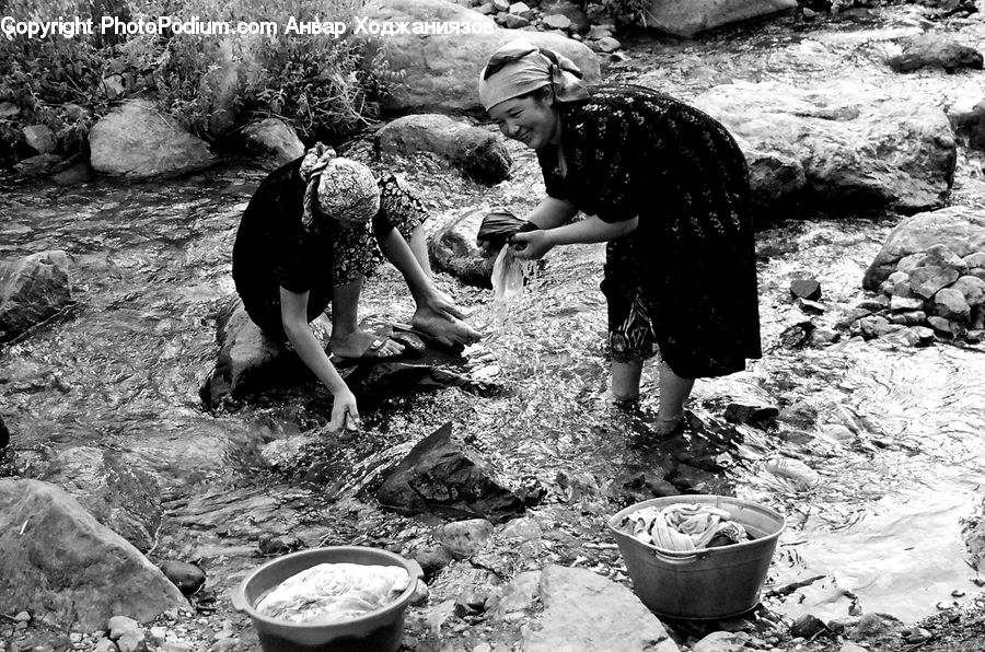 Rock, Bucket, Outdoors, Water, Pot, Pottery, Female