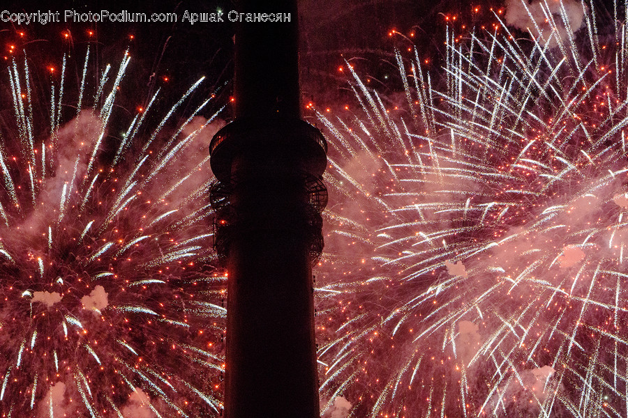 Fireworks, Night, Brick, City, Downtown