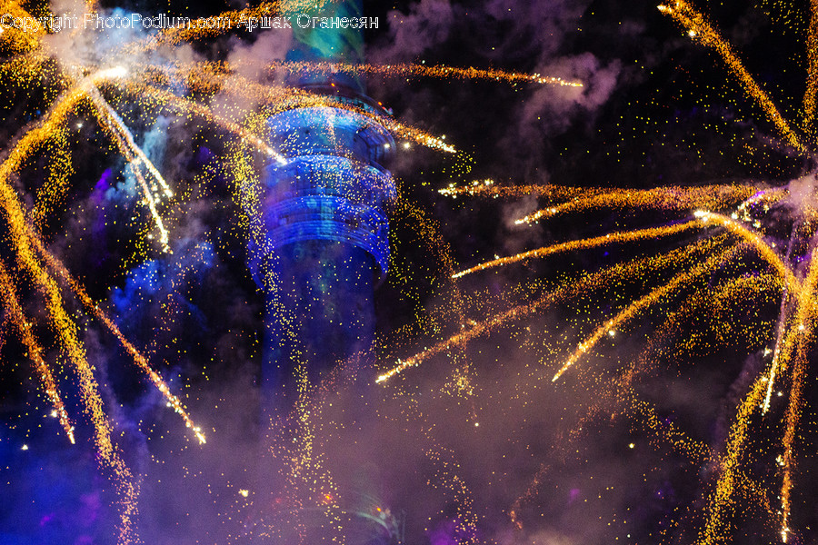 Fountain, Water, Fireworks, Night, City