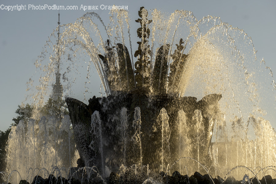 Fountain, Water, Field, Grass, Grassland