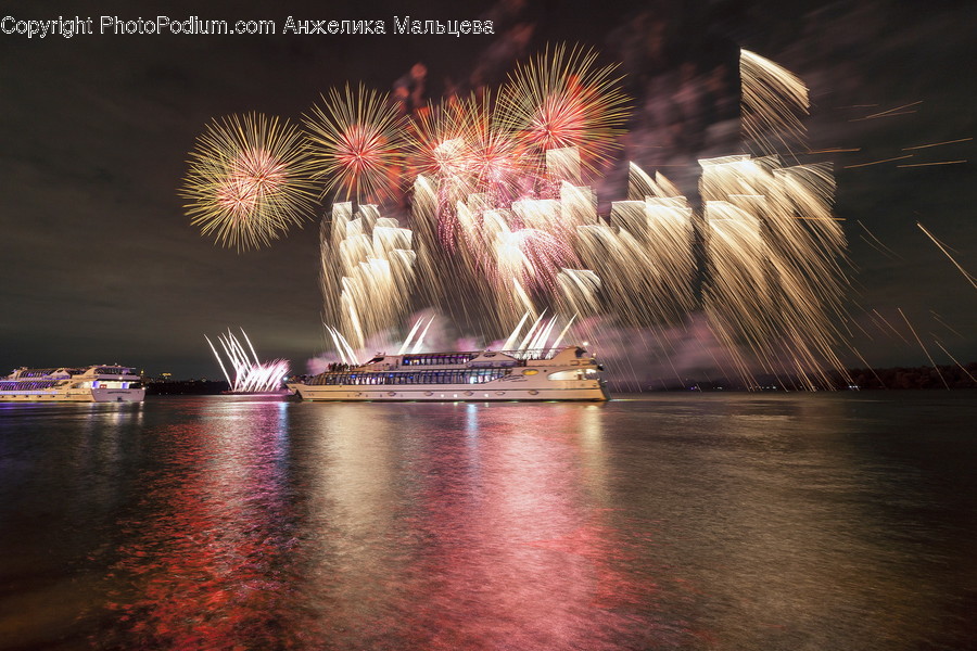Fireworks, Night, Fountain, Water, Building