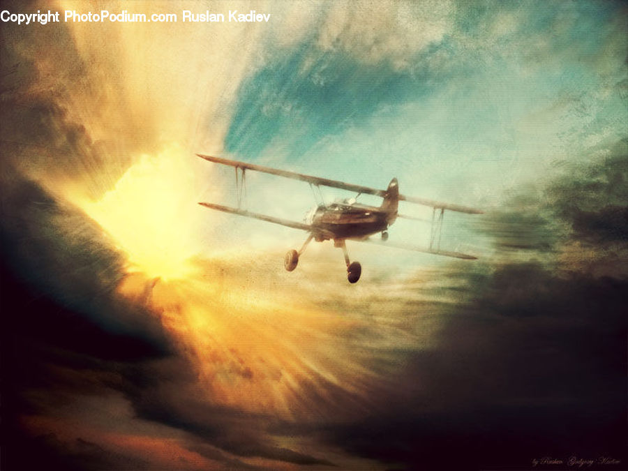 Aircraft, Airplane, Biplane, Dawn, Dusk, Sky, Sunrise