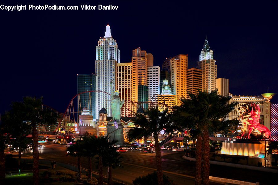 City, Downtown, Metropolis, Urban, Night, Outdoors, Fountain
