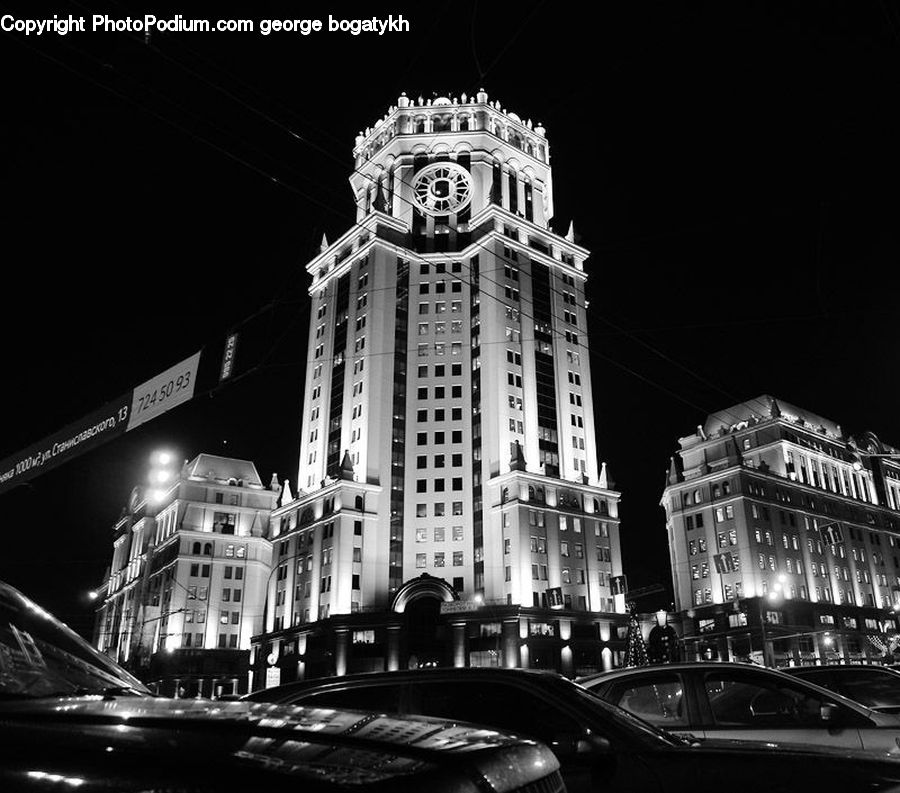 Automobile, Car, Vehicle, Building, Hotel, Sedan, Night