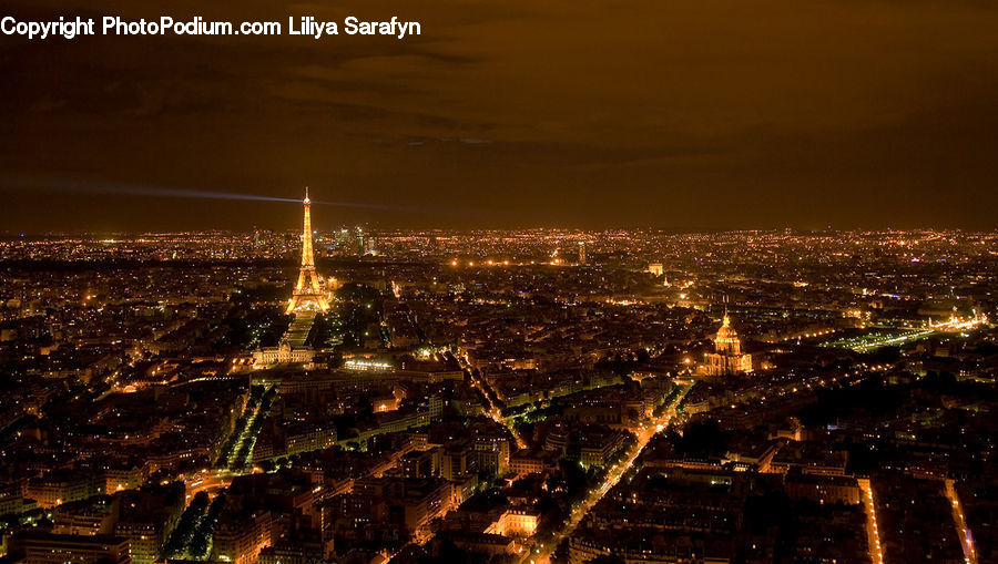City, Downtown, Aerial View, Metropolis, Urban, Night, Outdoors
