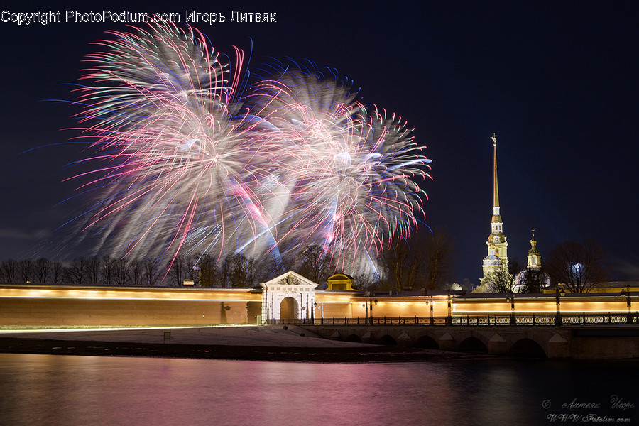 Fireworks, Night, Outdoors, Architecture, Building