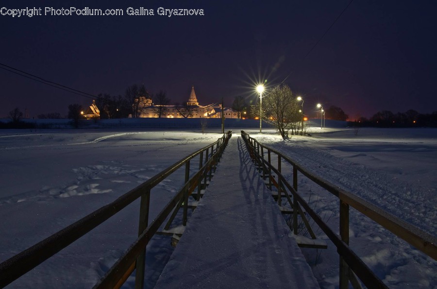 Boardwalk, Bridge, Building, Railing, Night