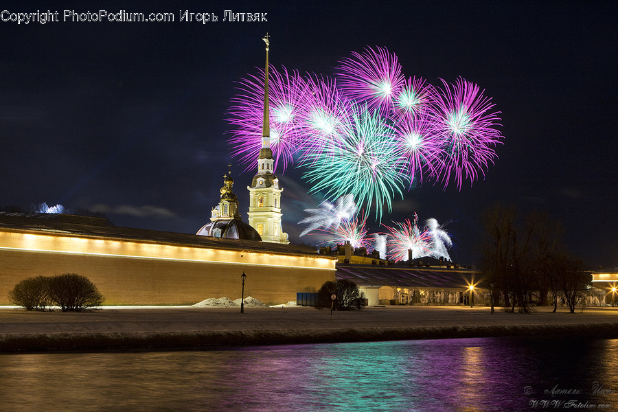 Fireworks, Night, Outdoors, Fountain, Water