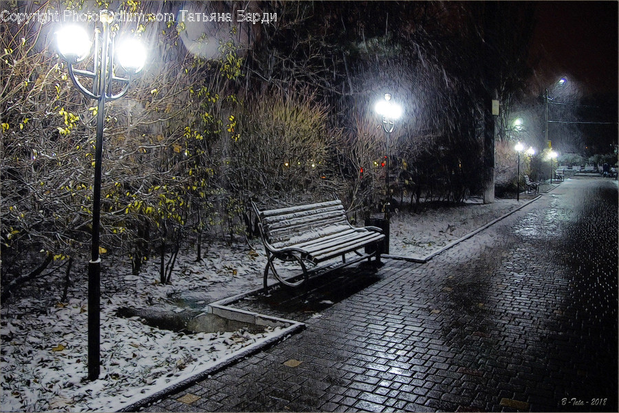 Bench, Headlight, Light, Cobblestone, Path