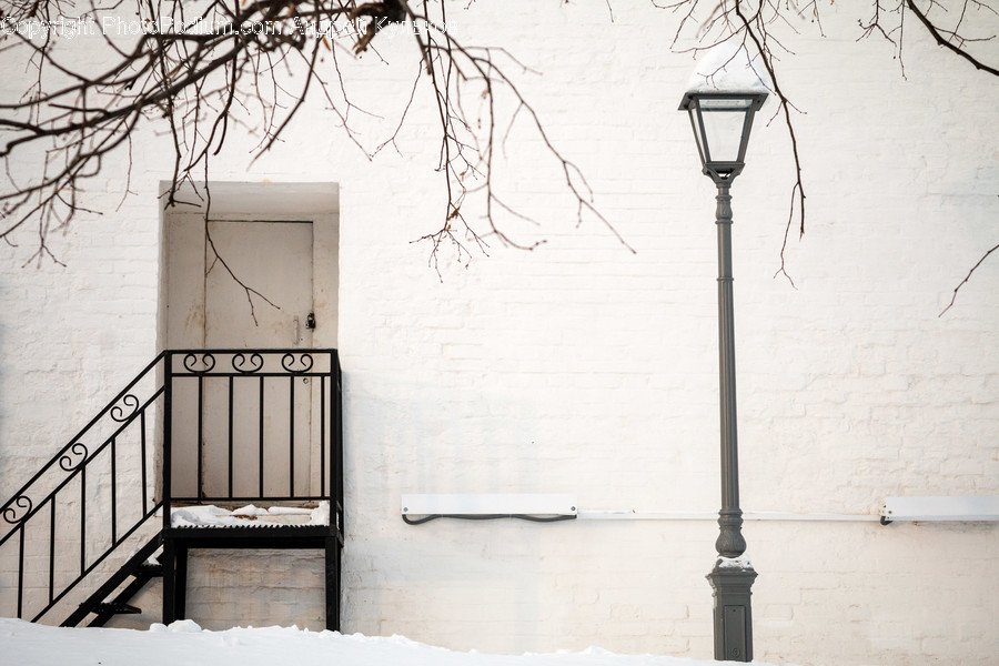 Lamp Post, Pole, Outdoors, Snow, Chair
