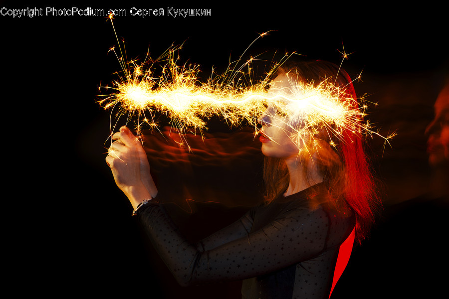 Fireworks, Night, Outdoors, Face, Human