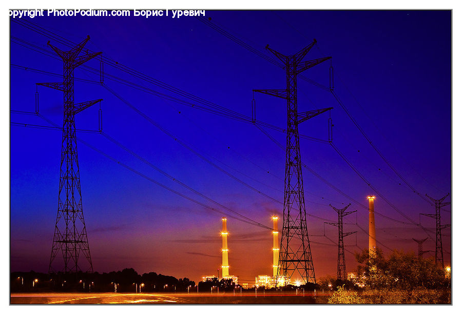 Cable, Electric Transmission Tower, Power Lines, Cross