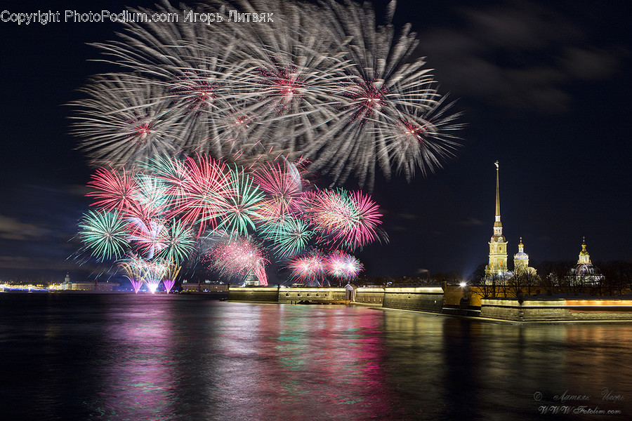 Fireworks, Night, Outdoors, Architecture, Building