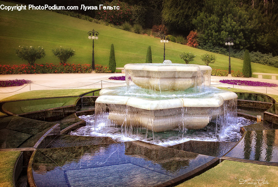 Fountain, Water, Outdoors, Pond, Fence, Hedge, Plant