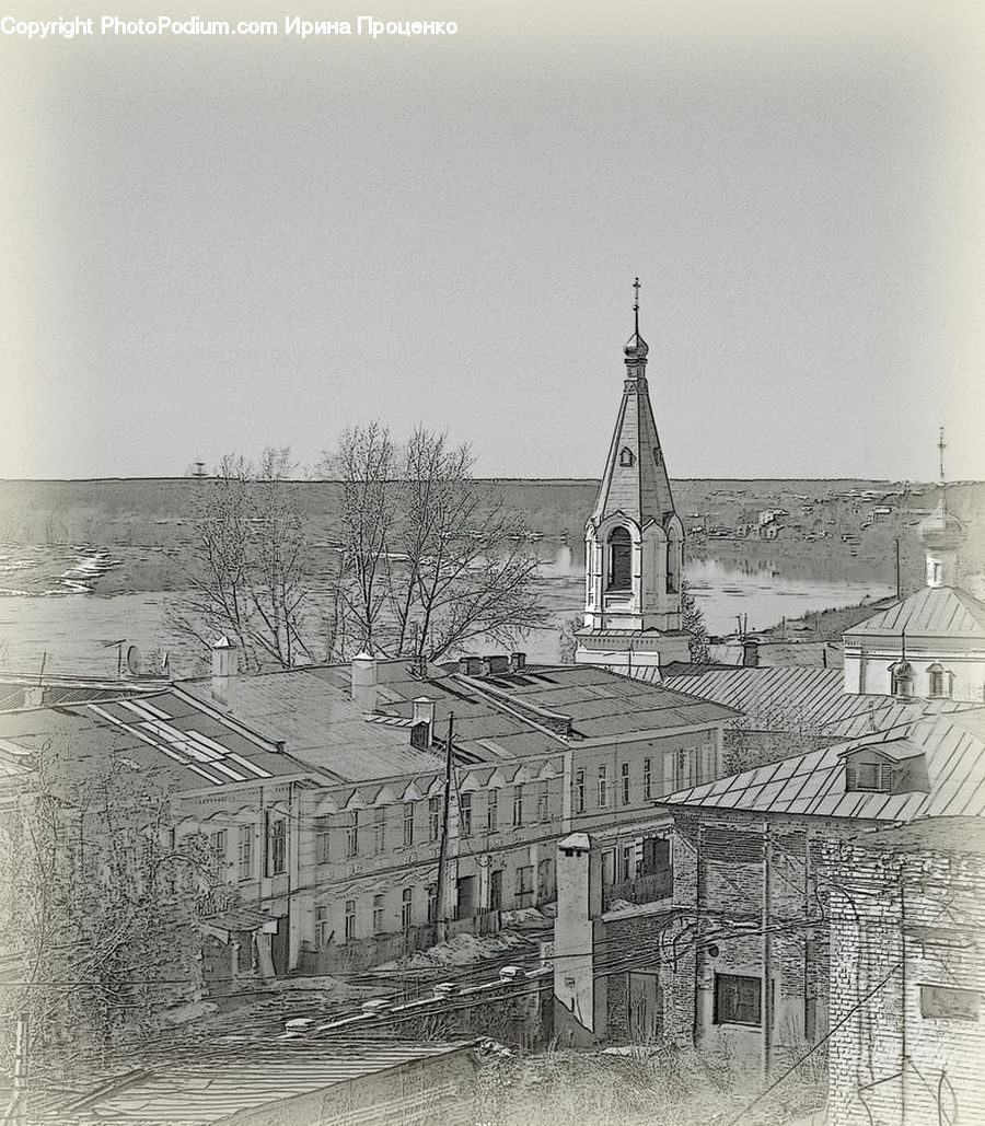 Drawing, Sketch, Architecture, Church, Worship, Spire, Steeple