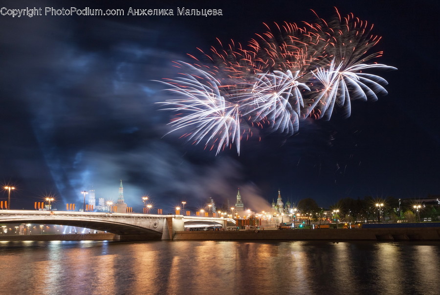 Fireworks, Night, Outdoors, Building, City