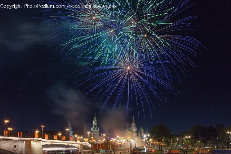 Fireworks, Night, Outdoors, Urban, Building