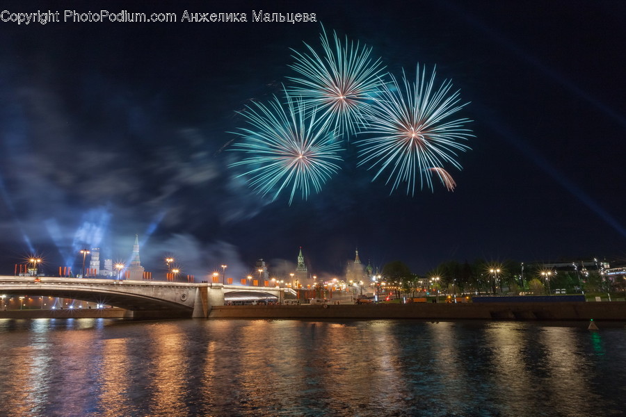 Fireworks, Night, Outdoors, River, Water