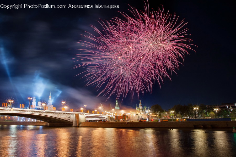 Fireworks, Night, Outdoors, Bridge, Building