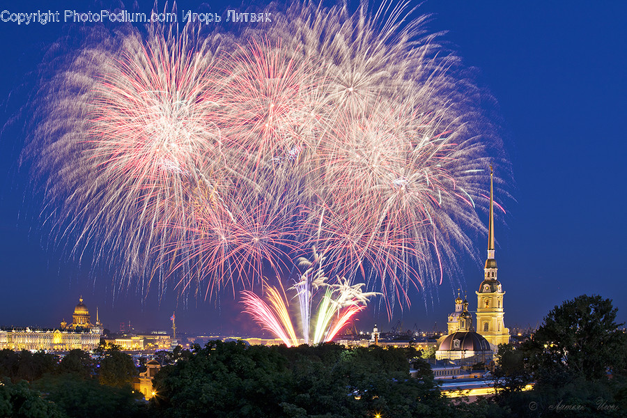 Fireworks, Night, Outdoors, Architecture, Building