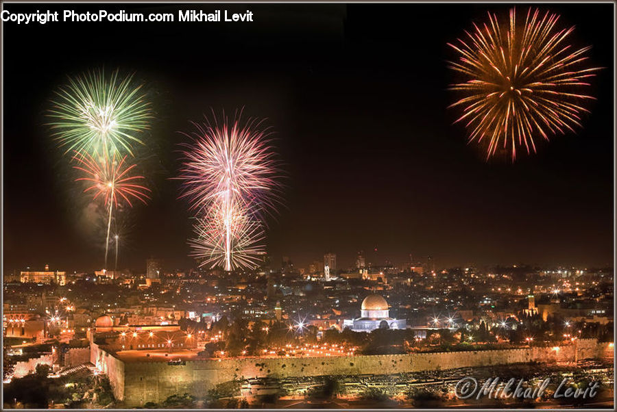 Fireworks, Night, Outdoors, City, Downtown, Lighting, Building