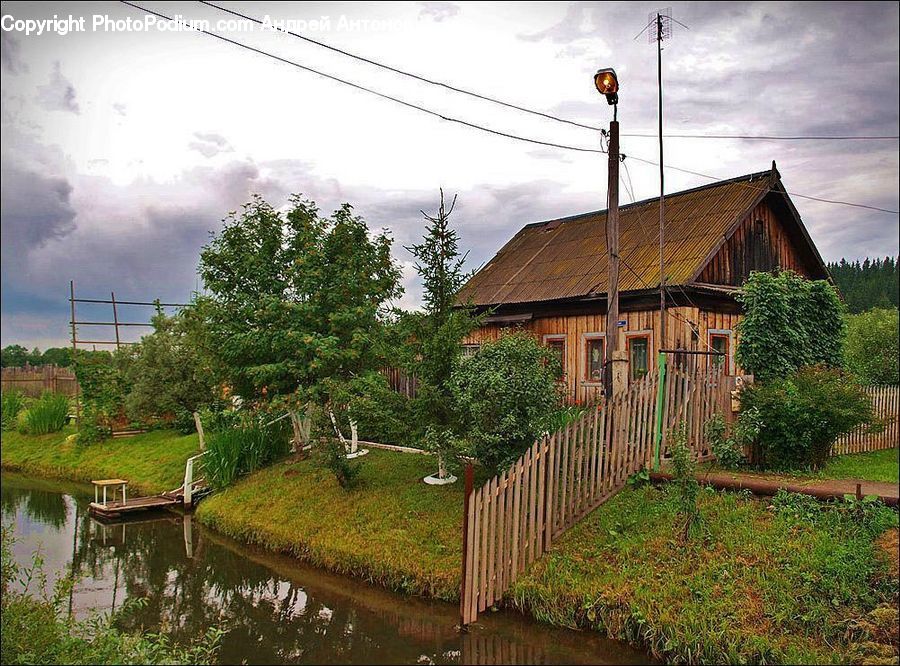 Plant, Potted Plant, Building, Cottage, Housing, Fence, Person
