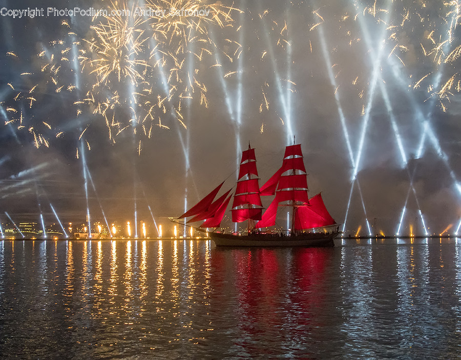 Fireworks, Night, Outdoors, Light, Transportation