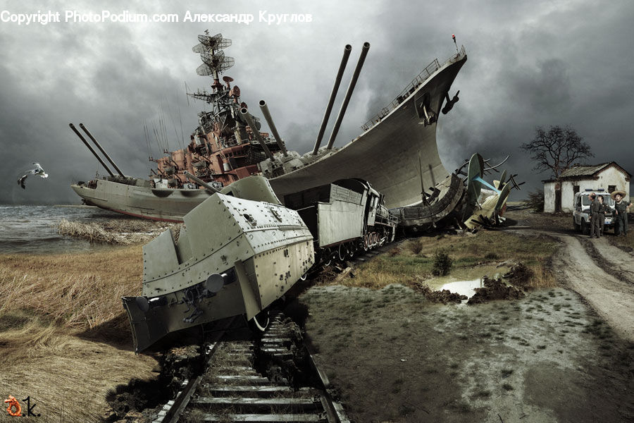 Bulldozer, Tractor, Vehicle, Battleship, Cruiser, Navy, Ship