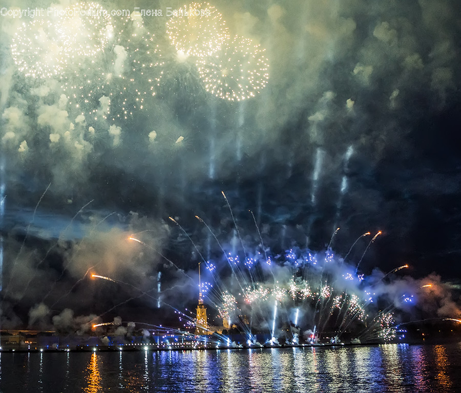 Fireworks, Night, Outdoors, Water, Building