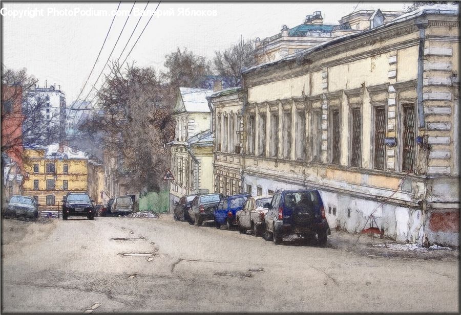 Downtown, Neighborhood, Town, Automobile, Car, Vehicle, Jeep