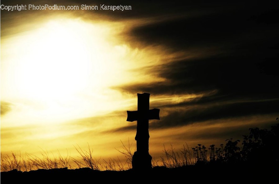 Silhouette, Cross, Emblem, Sunlight