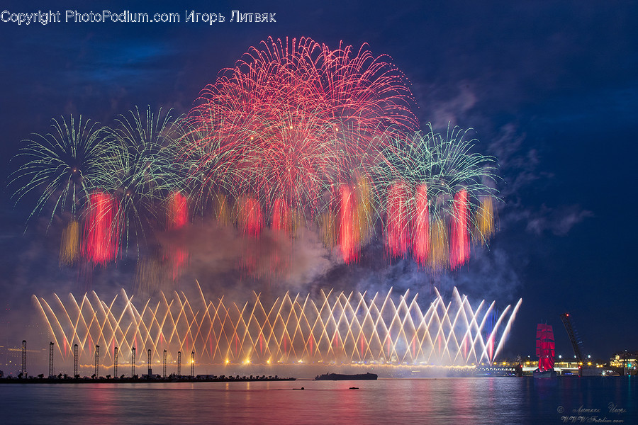 Fireworks, Night, Outdoors, Building, City
