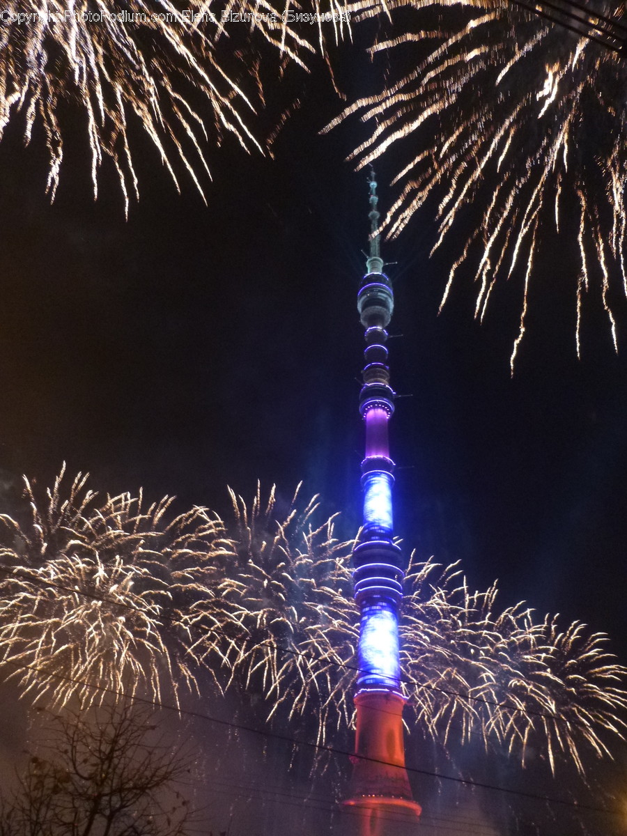 Fireworks, Night, Outdoors, Beacon, Building