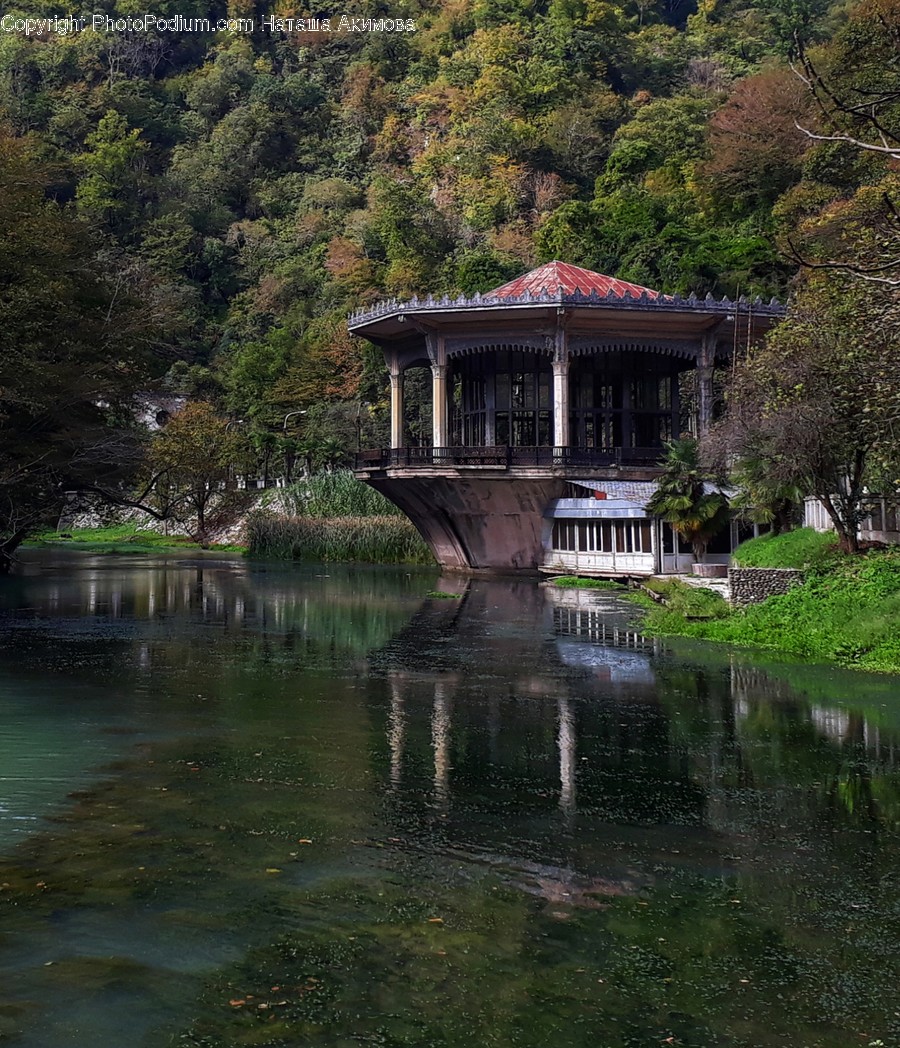 Outdoors, Pond, Water, Gazebo, Building