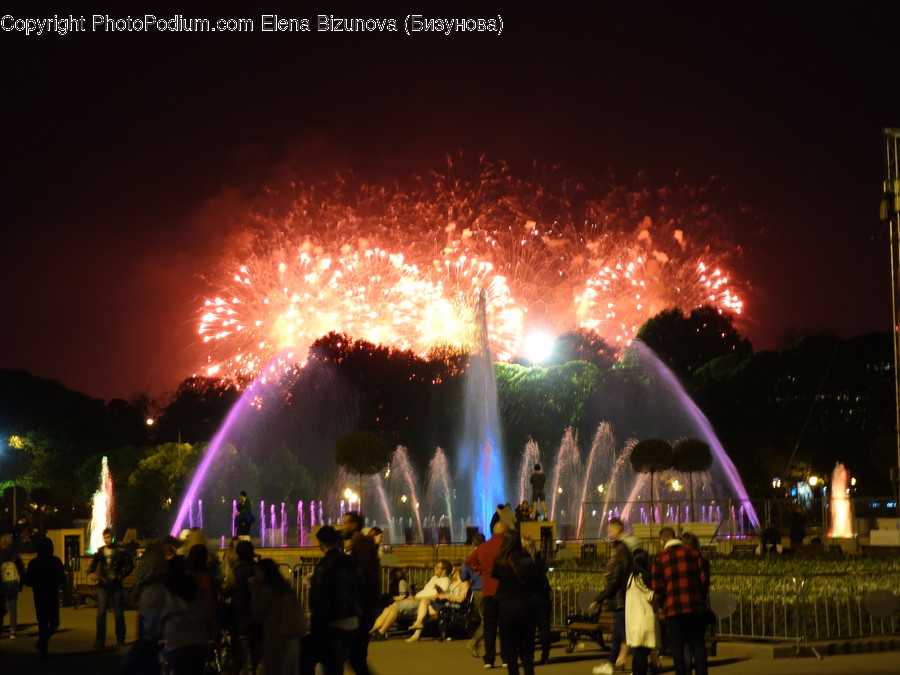 Fireworks, Night, Outdoors, Fountain, Water