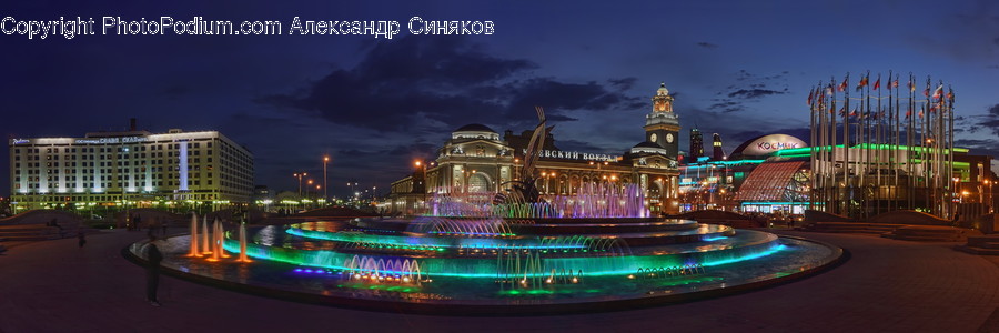 Fountain, Water, Intersection, Road, Building