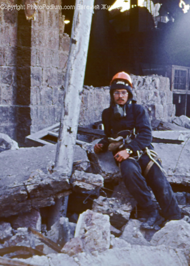 Human, Person, Rock, Slate, Helmet