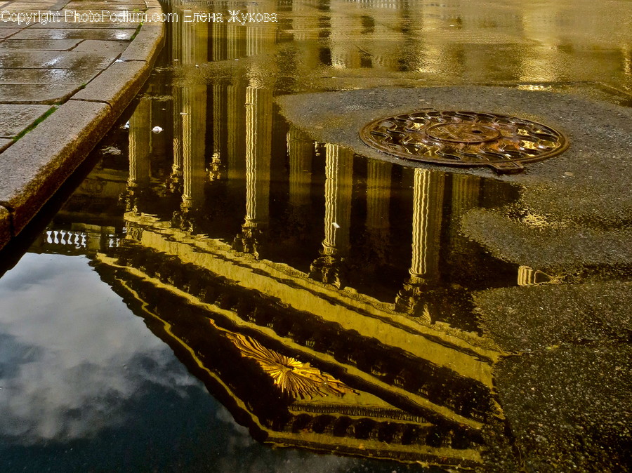 Puddle, Water, Building, Bridge, Boardwalk