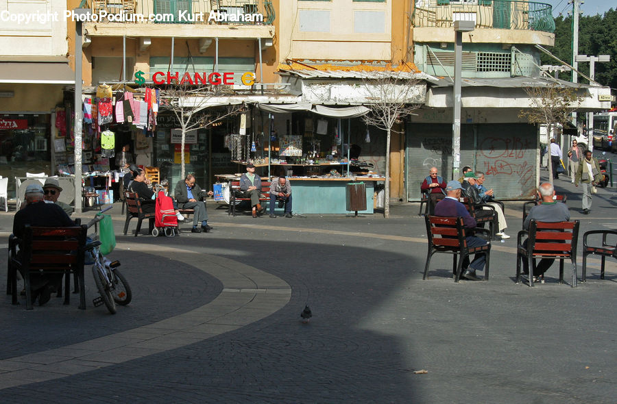 People, Person, Human, Bench, Carriage, Horse Cart, Vehicle