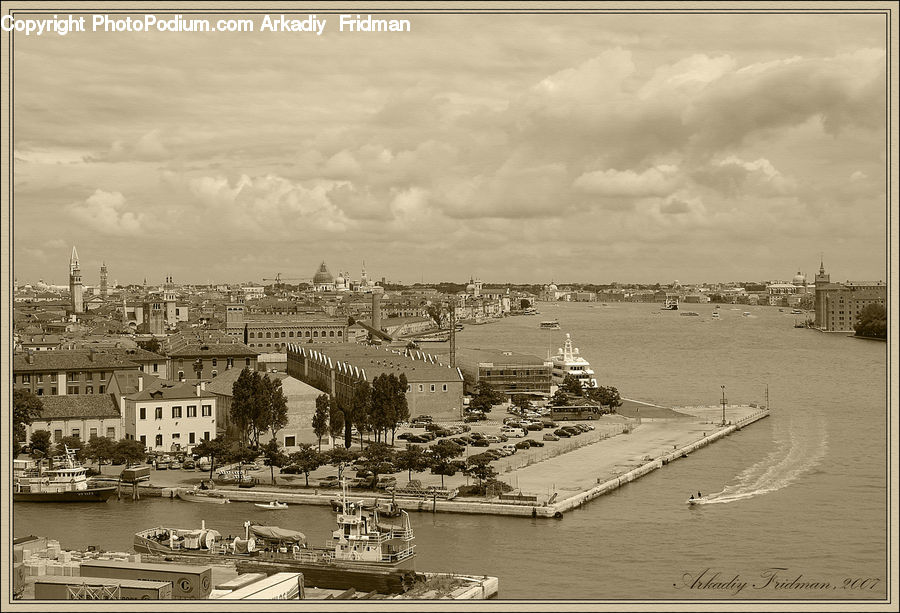 Building, Downtown, Town, Barge, Boat, Tugboat, Cruise Ship