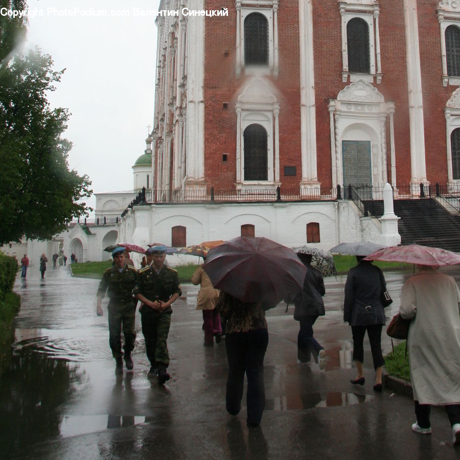 Umbrella, People, Person, Human, Architecture, Bell Tower, Clock Tower
