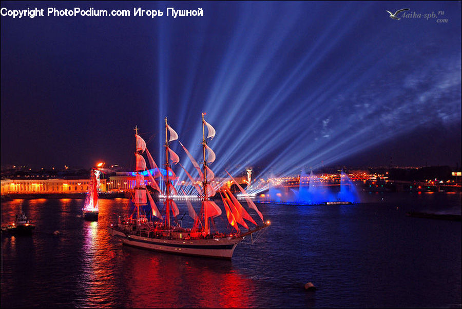 Fountain, Water, Light, Dock, Port, Waterfront, Harbor