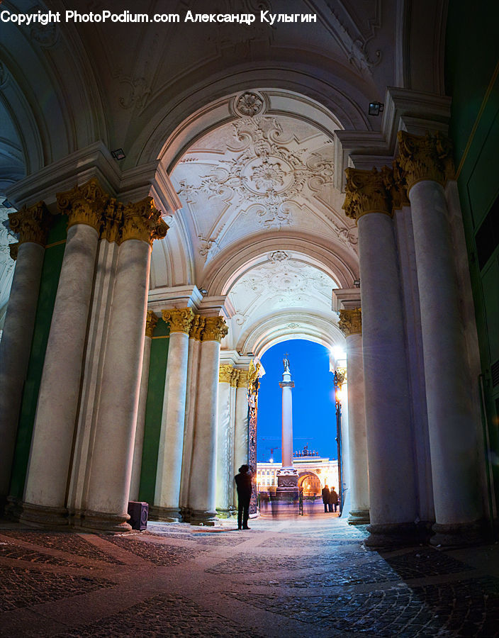 Column, Pillar, Aisle, Corridor, Cobblestone, Pavement, Walkway