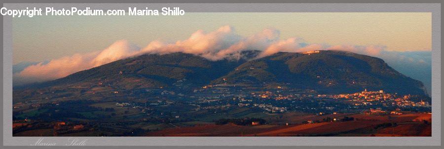 Art, Painting, Mountain, Outdoors, Aerial View, Dawn, Dusk