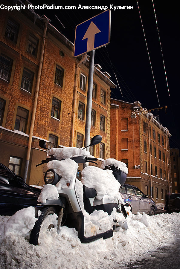Arrow, Street Sign, Ice, Outdoors, Snow, Bulldozer, Snowplow