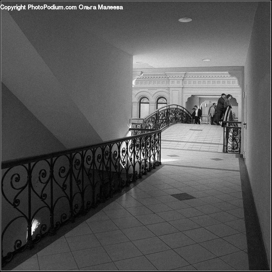 Corridor, Machine, Ramp, Banister, Handrail, People, Person